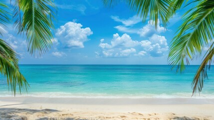 Beach Bliss: A pristine sandy beach with crystal-clear turquoise waters stretching to the horizon, framed by palm trees. Ample space in the sky for text overlay. 
