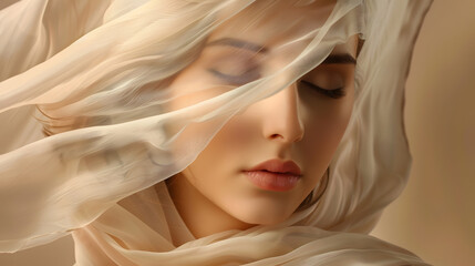 Beauty Model Portrait in Beige Chiffon Fabric flying on Wind Woman Face Skin Care Spa Treatment Dreamy Girl with closed Eyes in Silk Scarf over Brown Background : Generative AI