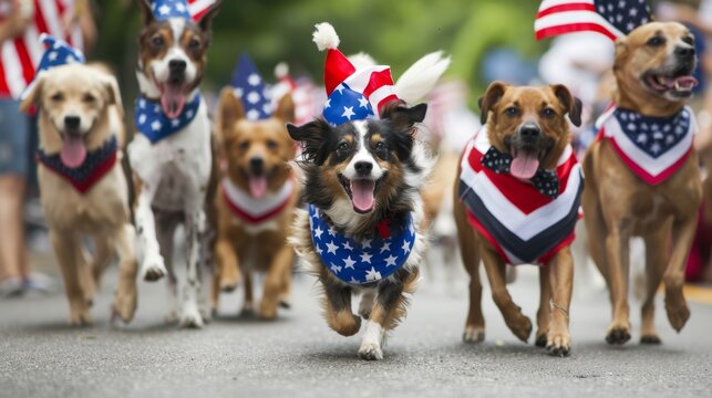 A cheerful dog parade featuring various breeds all adorned in patriotic attire