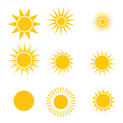 Variety of suns icons.Yellow sun star icons collection. Summer, sunlight, nature, sky. Vector illustration EPS 10.Fire colors round shape, watercolour stains. Orange red yellow circle, flaming crown.
