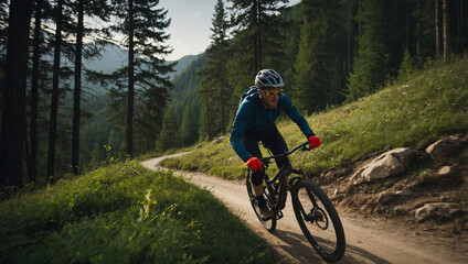 Fototapeta premium This is a picture of a person riding a mountain bike on a dirt trail in the woods.