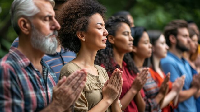 A diverse group of people of different ages and backgrounds, standing together with hands over hearts, pledging allegiance to the American flag, showcasing inclusive American pride