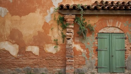 A close-up view of a weathered brick wall with green doors and vines in Italy
