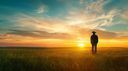 A lone farmers silhouette with a hat, standing proudly in a vast green field as the sun sets, painting the sky with warm hues