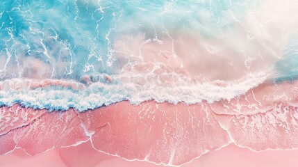 Fototapeta premium Top view of amazing pastel pink blue beach , copy space available, beautiful beach with pink water and pink sand, summer, water