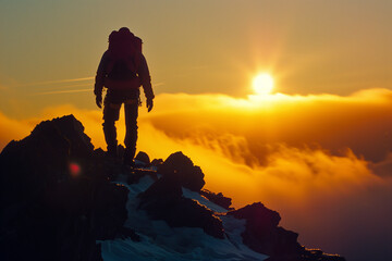 Triumphant Hiker Standing on Mountain Summit at Sunrise, Gazing into the Horizon