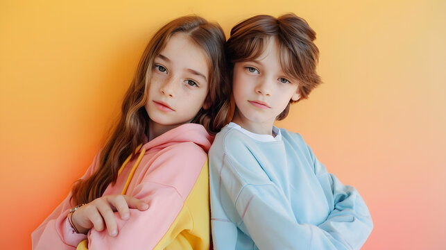 Two beautiful teen girls and boys on a pastel studio background Stylish young teen girls posing at studio Safari style Classic style Teen and kids fashion concept childrens fasion conc : Generative AI