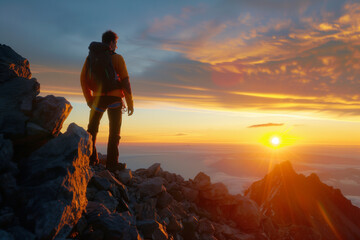 Fototapeta premium Triumphant Hiker Standing on Mountain Summit at Sunrise, Gazing into the Horizon