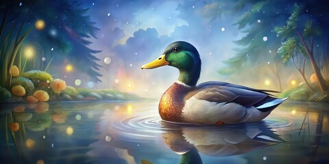 Fototapeta premium Watercolor clipart of a majestic Mallard duck in a serene pond setting , watercolor, clipart, Mallard, duck, bird, wildlife, nature, pond, water, art, painting,feathers, colorful, peaceful