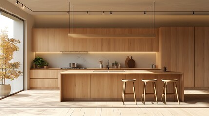 Modern kitchen interior design with wooden cabinets, island, and bar stools.