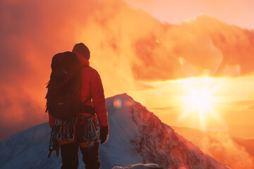 Obraz premium Triumphant Hiker Standing on Mountain Summit at Sunrise, Gazing into the Horizon