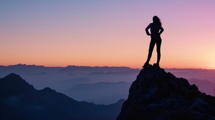 womans silhouette gracefully posed on a mountain peak at sunset, capturing the essence success ambition