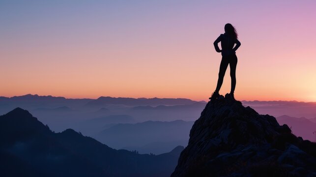 womans silhouette gracefully posed on a mountain peak at sunset, capturing the essence success ambition