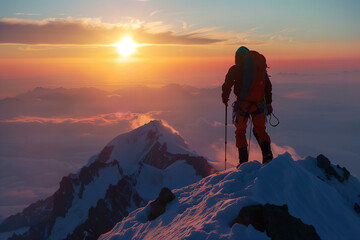 Fototapeta premium Triumphant Hiker Standing on Mountain Summit at Sunrise, Gazing into the Horizon