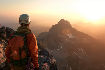 Triumphant Hiker Standing on Mountain Summit at Sunrise, Gazing into the Horizon