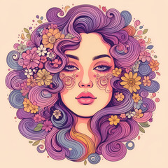 Colorful illustration of a woman's face embracing psychedelic 'flower power' revival, featuring vibrant colors and retro artistic vibes