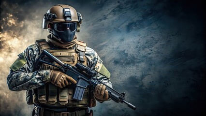 Naklejka premium Modern marine counter-strike combat equipment , camouflage, tactical gear, weapons, military, armor, gloves, boots, helmet, ammunition, rifle, scope, night vision, communication device