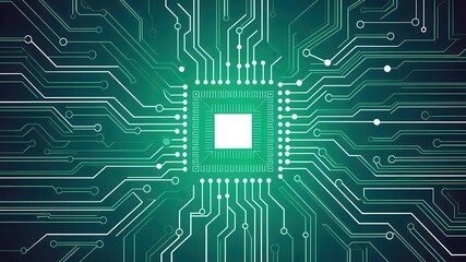 High-tech circuit board pattern centered on a glowing microchip, representing advanced technology and electronics.