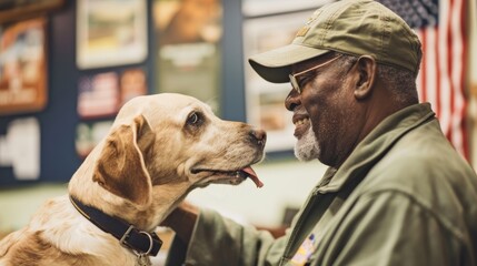 American veteran receiving a service dog, emotional moment, petting the dog, inside a veteran support center with posters and brochures