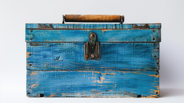 Blue toolbox made of wood against a white backdrop
