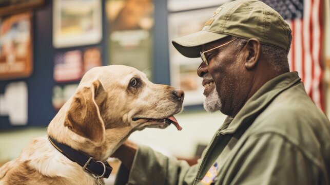 American veteran receiving a service dog, emotional moment, petting the dog, inside a veteran support center with posters and brochures