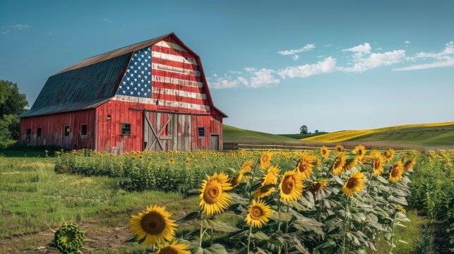 An American flag painted on the side of a vintage barn, with a field of sunflowers in the foreground, symbolizing agricultural American pride