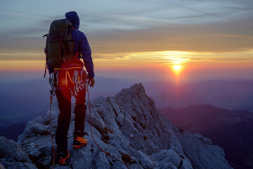 Fototapeta premium Triumphant Hiker Standing on Mountain Summit at Sunrise, Gazing into the Horizon
