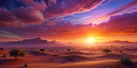 Vibrant sunset over a vast desert landscape, sunset, desert, orange, sky, clouds, horizon, nature, tranquil, remote, alone, dusk, twilight, peaceful, scenery, panoramic, serene, arid
