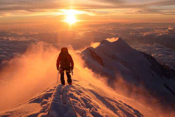 Fototapeta premium Triumphant Hiker Standing on Mountain Summit at Sunrise, Gazing into the Horizon