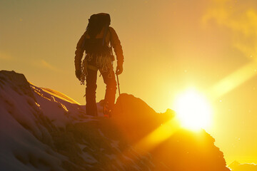 Naklejka premium Triumphant Hiker Standing on Mountain Summit at Sunrise, Gazing into the Horizon