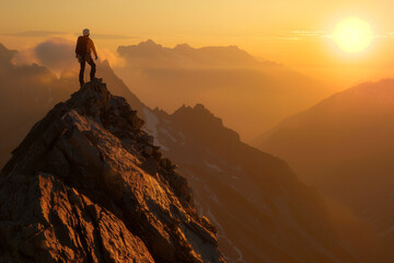 Fototapeta premium Triumphant Hiker Standing on Mountain Summit at Sunrise, Gazing into the Horizon