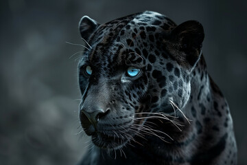 A Close-Up Portrait of a Majestic Black Jaguar with Striking Blue Eyes, Captured in Vivid Detail Against a Muted Background