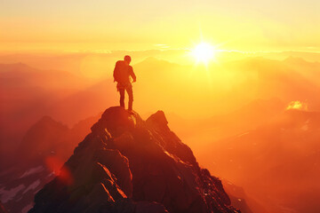 Triumphant Hiker Standing on Mountain Summit at Sunrise, Gazing into the Horizon