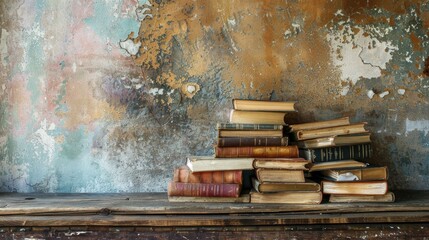 Old books on wooden table against worn wall