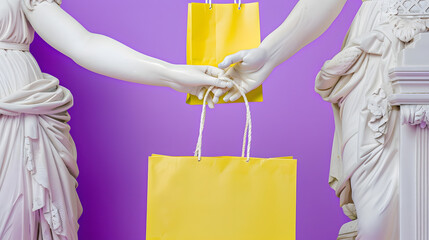 Antique female statues hand holding yellow shopping paper bag isolated on violet color background  3d trendy collage in magazine style Contemporary art Modern creative design : Generative AI
