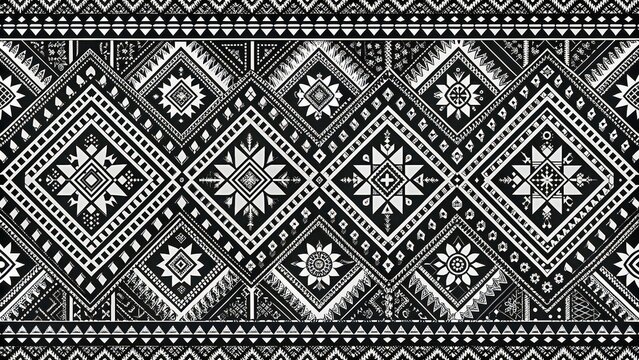 Black and white abstract ethnic tribal seamless fabric pattern border with intricate details , monochrome, abstract, geometric, tribal, seamless, fabric, pattern, carpet, border, design