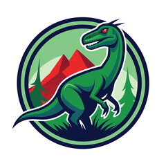 Obraz premium A green dinosaur stands in a lush, grassy field in front of a mountain range.