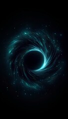 A dark,  black hole at the center and tiny teal particles surrounding it, in a different style