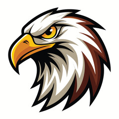 Fototapeta premium A close-up illustration of a cartoon bald eagles head. The eagle is looking to the left, with its beak open and its yellow eye focused.