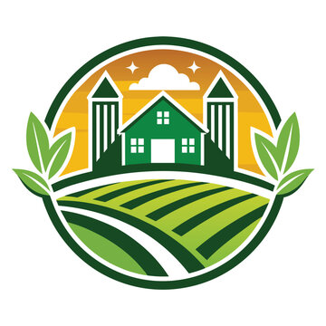 recommend clip art: A circular illustration with a green farm house in the center, two silo silhouettes, and fields under a sunset sky.