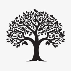 black silhouette of a apple tree isolated white background