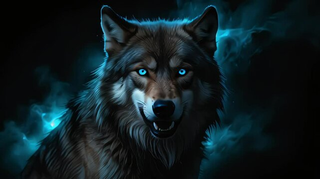 Beast wolf by glowing supernatural blue energy aura on black backdrop symbolize alpha