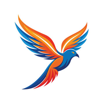 A stylized blue bird with orange wings is shown in flight, against a white background.