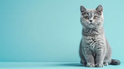 Adorable gray kitten with bright eyes sitting against a blue background. Perfect for animal-themed stock photos and pet-related content.