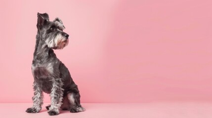 Adorable Schanuzer dog sitting against a pink background, looking away. Perfect for pet-themed designs and advertising.