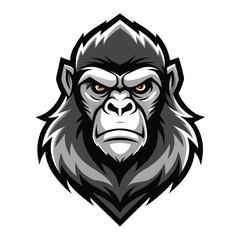 Fototapeta premium A fierce gorilla mascot head illustration with a serious expression and yellow eyes.