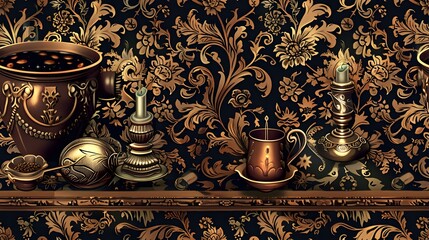 Ornate Halloween Cauldron with Renaissance Floral Motifs and Gilded Accents Bubbling Mystical Potion in Baroque Interior