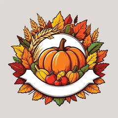 Pumpkin With Harvest Wreath Vintage Illustration