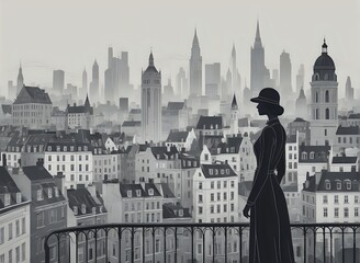 Monochrome Poster Art: A Silhouette of a Woman overlooking a City Skyline with the theme of 'women's rights' subtly woven throughout