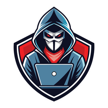 A digital security hacker logo featuring a hooded figure with a mask, using a laptop in front of a red and blue shield.